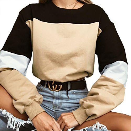 Women's Casual Long Sleeve Round Neck 3 Color Stitching Hem Lace Up Crop Sweatshirts