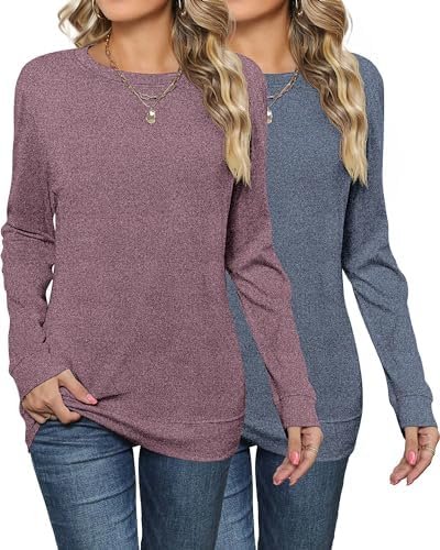 2 Pack Women's Casual Sweatshirts, Long Sleeve Cotton Shirts Loose Fit Lightweight Crew Neck Basic Tops Cute Pullover