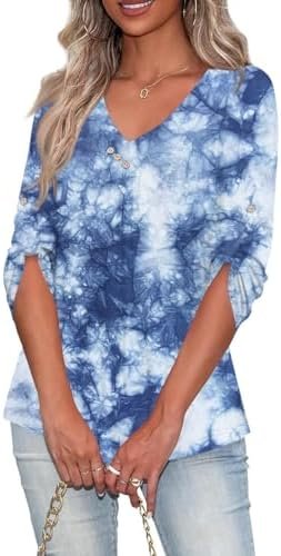 Cotton Tops for Women Woman Sunflower Graphic Tunic Tops Loose Fit Dressy Fall 3/4 Sleeve Shirts Casual V Neck Tops