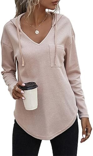 Women's V Neck Hoodies Long Sleeve Sweatshirt Drawstring Pullover Tops with Pocket