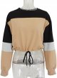 Women's Casual Long Sleeve Round Neck 3 Color Stitching Hem Lace Up Crop Sweatshirts