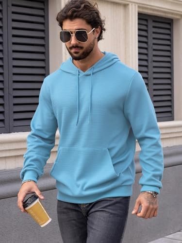 Men's Hoodie Casual Long Sleeve Waffle Knit Drawstring Hoodies Pullover Sweatshirts With Pocket