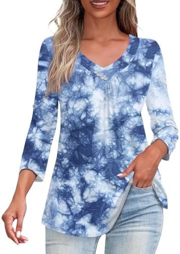 Cotton Tops for Women Woman Sunflower Graphic Tunic Tops Loose Fit Dressy Fall 3/4 Sleeve Shirts Casual V Neck Tops